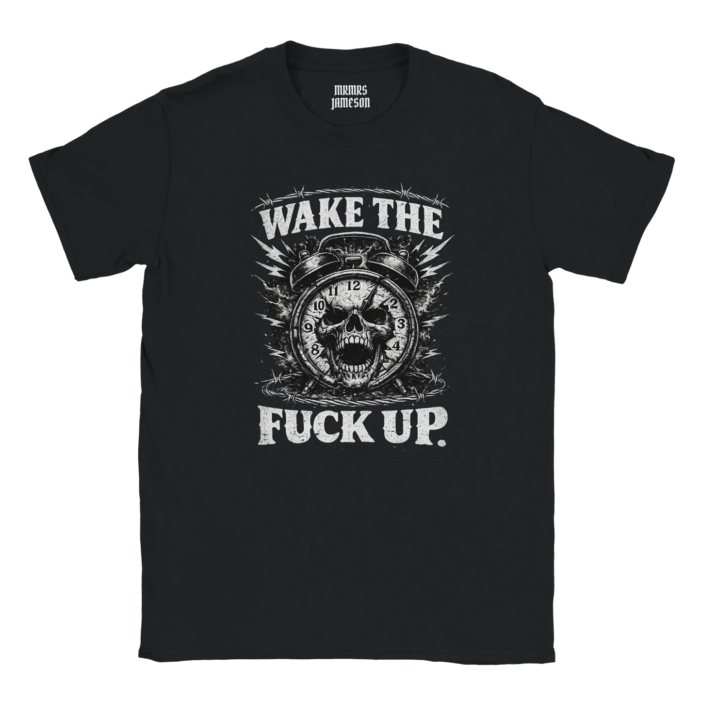 Wake The Fuck Up Graphic Statement Tee, Bold Skull Biker Tee, Grunge Streetwear, Unisex