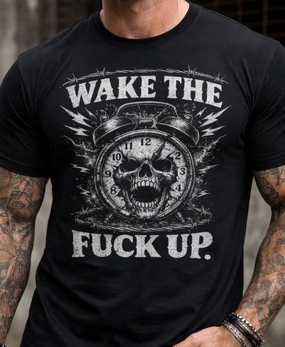 Wake The Fuck Up Graphic Statement Tee, Bold Skull Biker Tee, Grunge Streetwear, Unisex