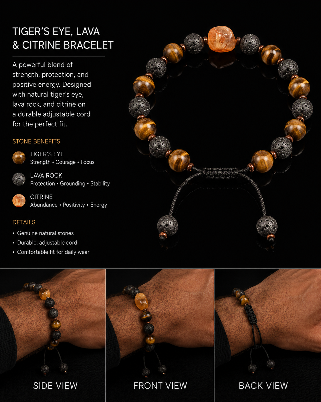 Men’s Healing Citrine, Tigers Eye & Lava Rock Bracelet
