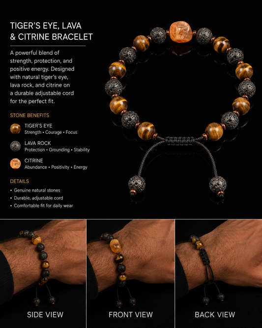 Men’s Healing Citrine, Tigers Eye & Lava Rock Bracelet